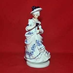 Vintage Musical Victorian Lady Figurine Blue White Gold Accent Plays Love Story